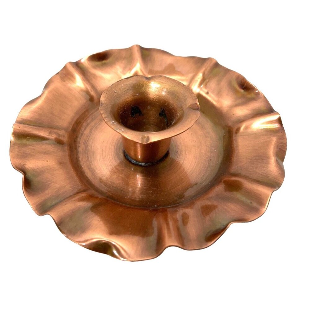 Solid Copper Single Candlestick Holder Great Patina Scalloped Edges MCM USA